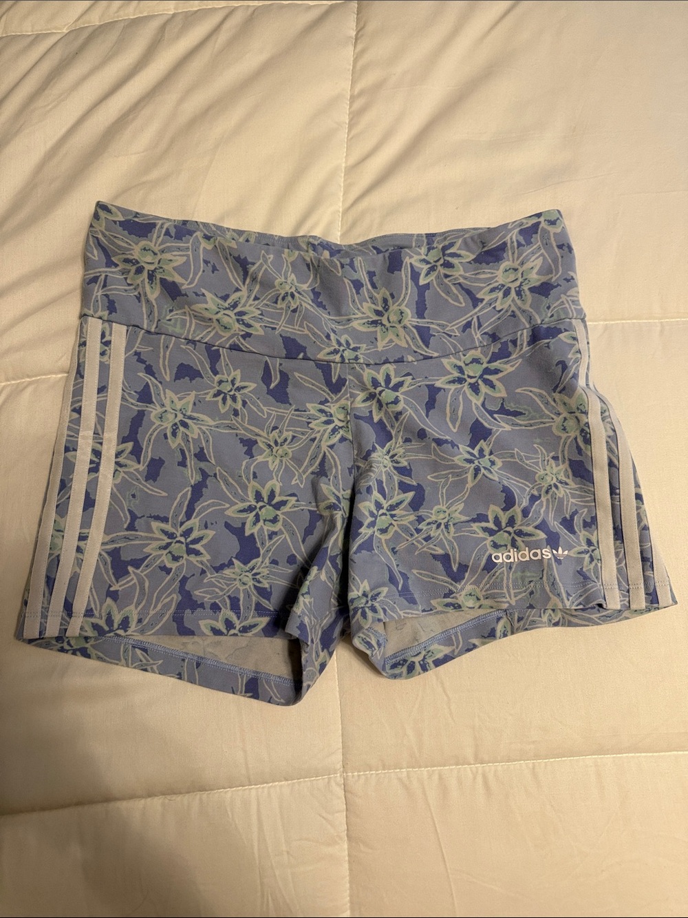 adidas Light Blue Floral Athletic Shorts with White Stripes size large